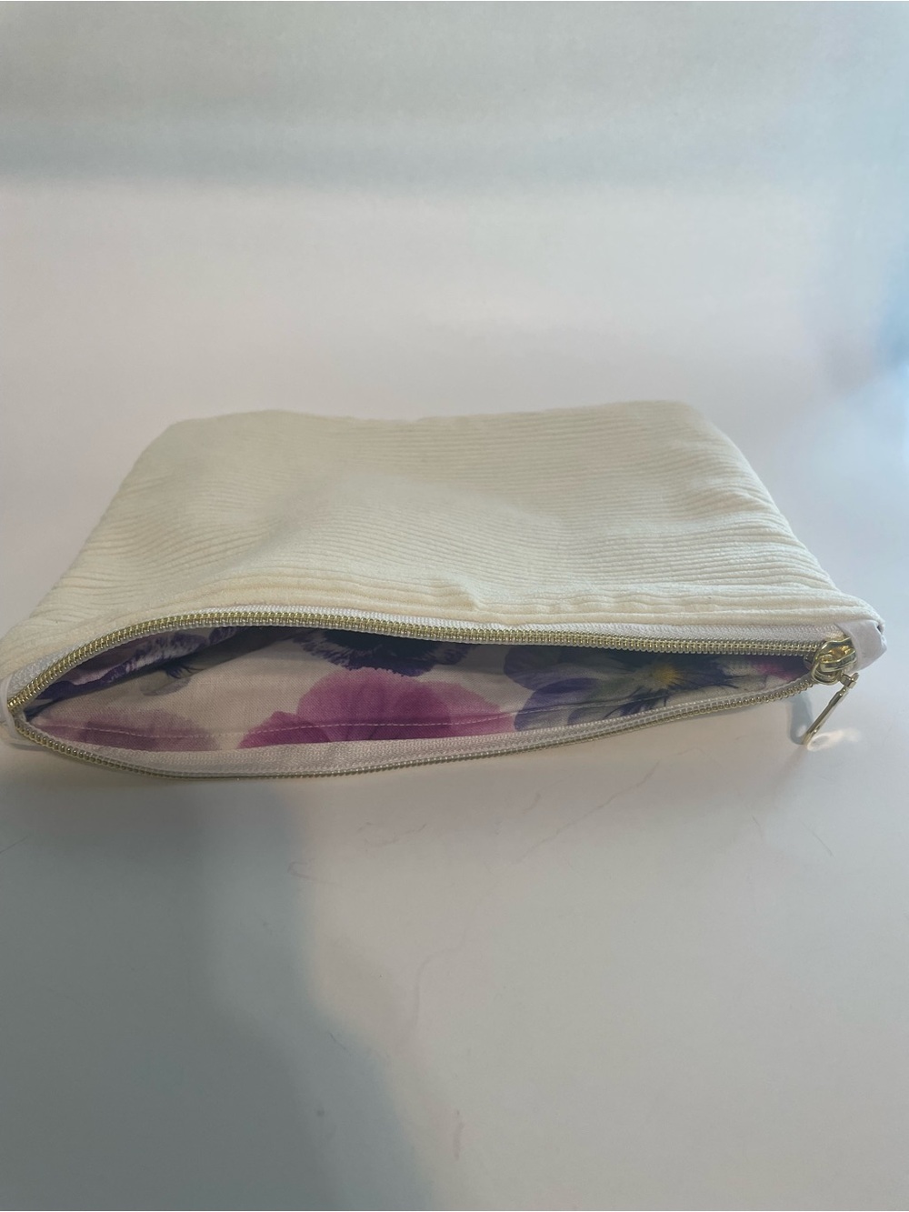 Cream Floral-Lined Zip Pouch
